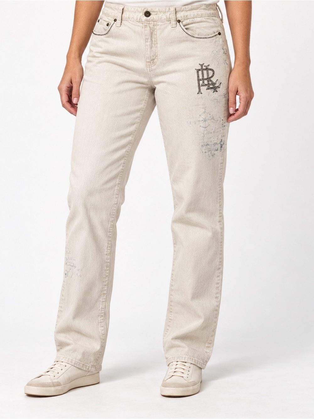 Lauren Ralph Lauren Jeans Womens 10 Tan Embellished Straight Leg Preppy Y2K